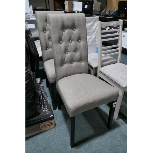 3158 - Two highback wooden dining chairs With grey fabric seats  (420-811)  * This lot is subject to vat