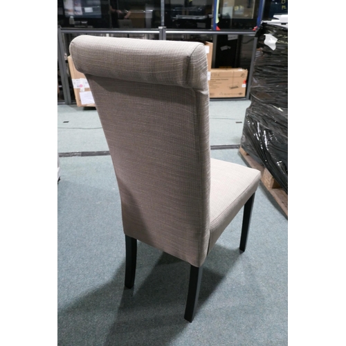 3158 - Two highback wooden dining chairs With grey fabric seats  (420-811)  * This lot is subject to vat