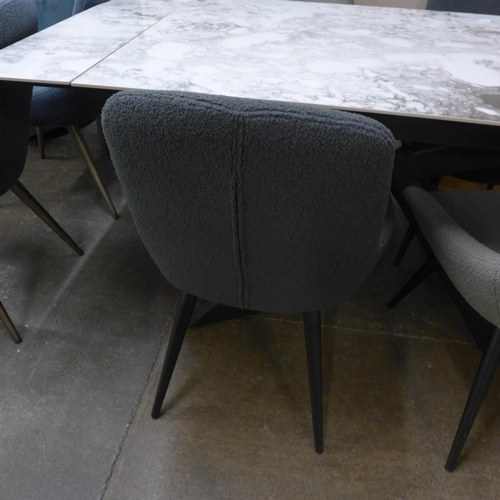 1481 - A double extending marble dining table with grey velvet high and low bench set   * This lot is subje... 