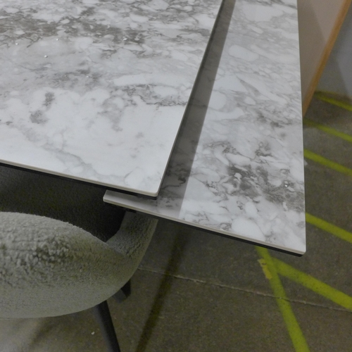 1481 - A double extending marble dining table with grey velvet high and low bench set   * This lot is subje... 