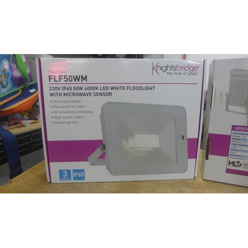 2099 - 2 Knightsbridge 50w LED floodlights with microwave sensors, boxed and unused (model FLF50wM)