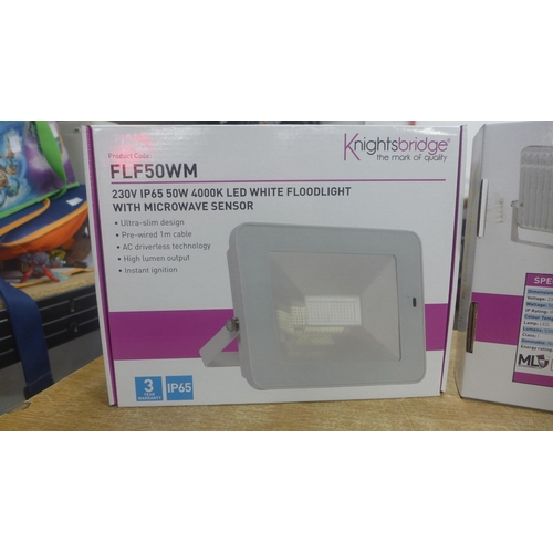 2100 - 2 Knightsbridge 50w LED floodlights with microwave sensors, boxed and unused (model FLF50wM)