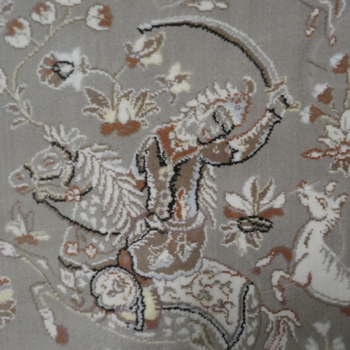 1426 - A fine woven bamboo silk pile rug with traditional hunting scene (230 x 160cm)