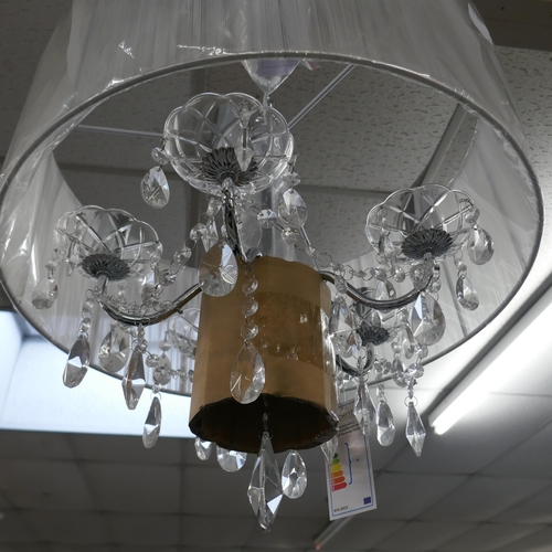 1474 - A chrome five arm chandelier with white shade