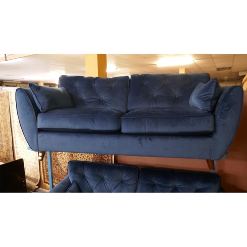 1523A - A pair Hoxton blue velvet upholstered three seater sofas with two footstools, RRP £2198