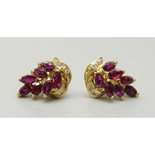 1003 - A pair of 18ct gold, ruby and diamond earrings, (odd fasteners, one marked 750), 3.2g