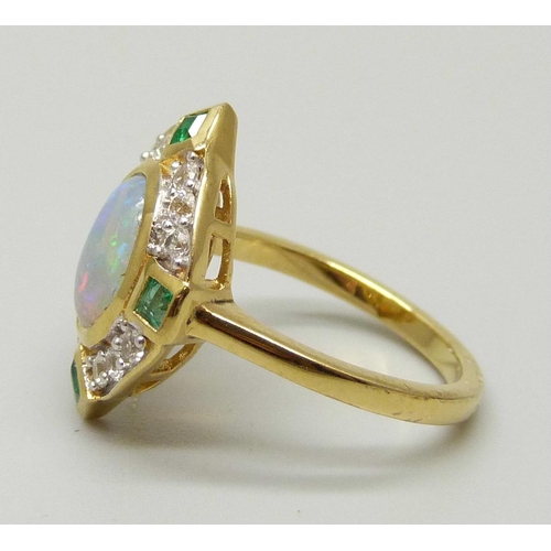 1004 - A silver gilt Welo opal, emerald and zircon ring, L