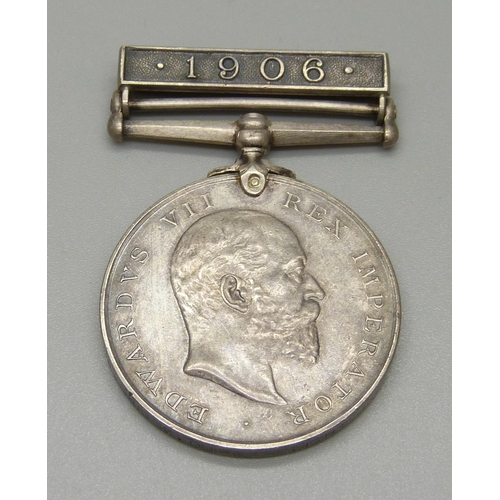 1008 - An Edward VII Natal Native Rebellion Medal with 1906 clasp to Pte. W. Griggs, Durban Light Infantry