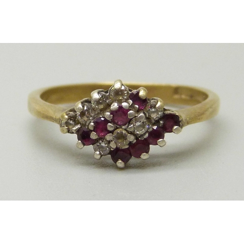 1020 - A silver gilt, ruby and zircon cluster ring, L