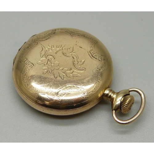 1024 - A Waltham hunter pocket watch with engraved case, cuvette marked '14K Guaranteed 25 Years', 34mm