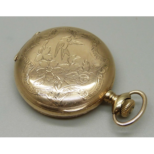 1024 - A Waltham hunter pocket watch with engraved case, cuvette marked '14K Guaranteed 25 Years', 34mm