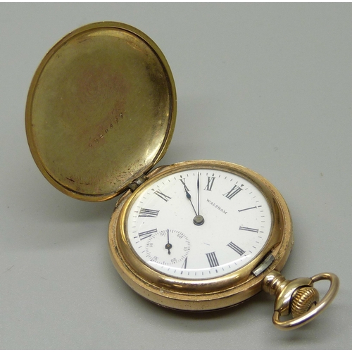 1024 - A Waltham hunter pocket watch with engraved case, cuvette marked '14K Guaranteed 25 Years', 34mm