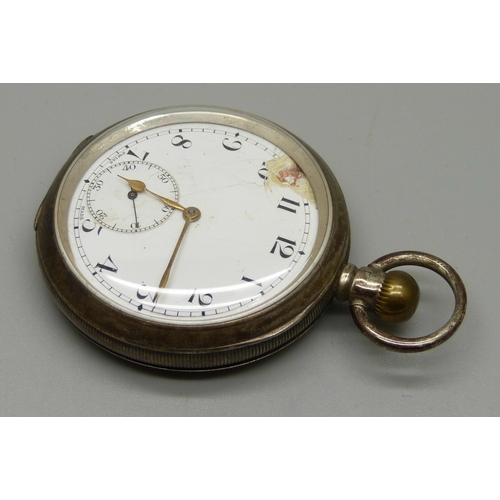 1030 - A silver pocket watch, Birmingham 1927, 2oz Dennison case, dial a/f