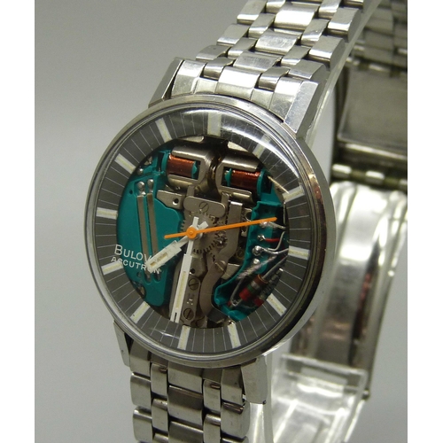 1037 - A Bulova Accutron 'Space View' skeletonised dial with grey chapter, luminous hands and strap