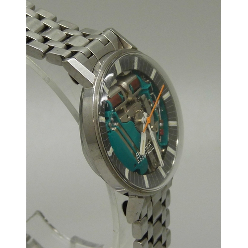 1037 - A Bulova Accutron 'Space View' skeletonised dial with grey chapter, luminous hands and strap