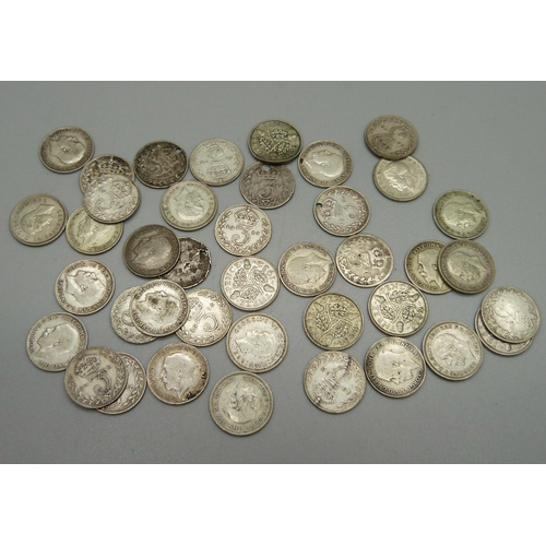 1046 - Forty silver threepence coins, assorted Monarchs, 54.9g