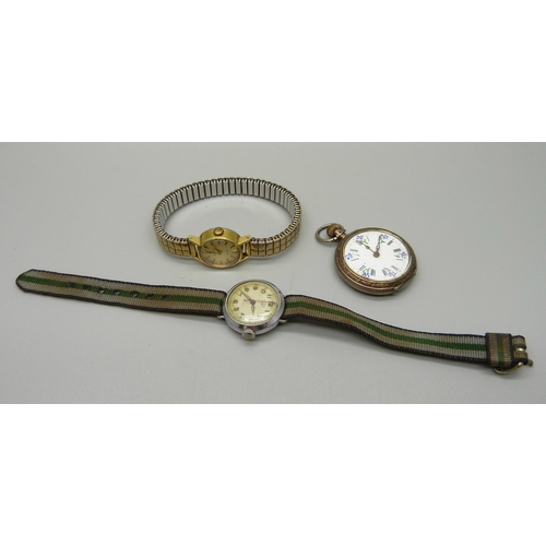 1053 - A  lady's .800 silver pocket watch, a lady's Omega DeVille automatic wristatch and a lady's Rotary w... 