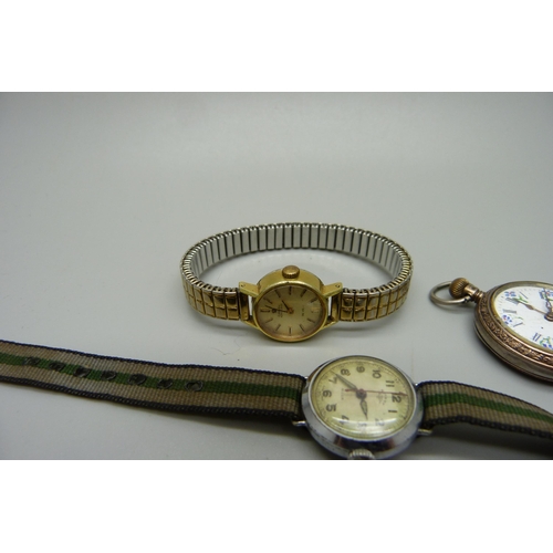 1053 - A  lady's .800 silver pocket watch, a lady's Omega DeVille automatic wristatch and a lady's Rotary w... 