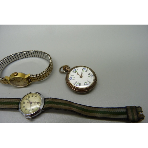 1053 - A  lady's .800 silver pocket watch, a lady's Omega DeVille automatic wristatch and a lady's Rotary w... 