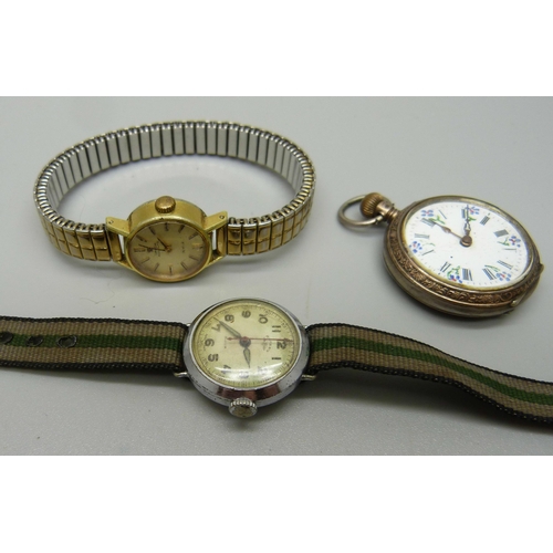 1053 - A  lady's .800 silver pocket watch, a lady's Omega DeVille automatic wristatch and a lady's Rotary w... 