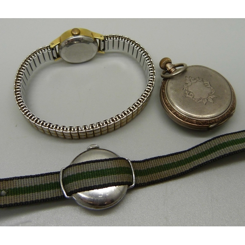 1053 - A  lady's .800 silver pocket watch, a lady's Omega DeVille automatic wristatch and a lady's Rotary w... 