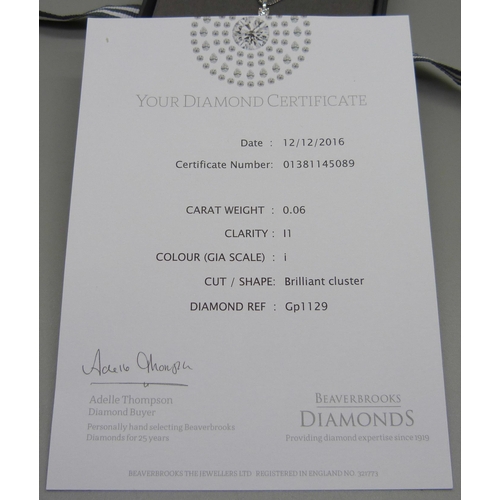 1065 - A Beaverbrooks diamond pendant in white gold on a 9ct white gold chain, carat weight 0.06, clarity I... 