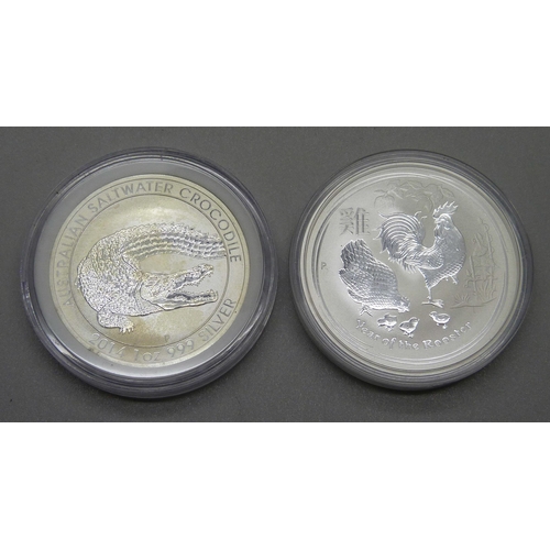 1070 - A 2022 silver Krugerrand and a 2017 1oz silver Rooster coin