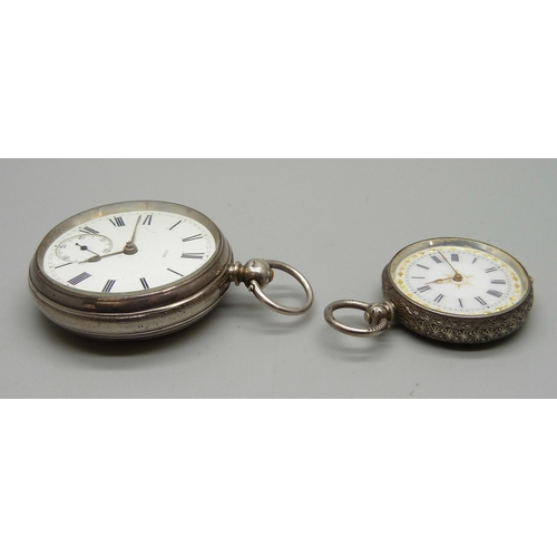 1071 - A lady's silver pocket watch, .935 silver and a silver pocket watch