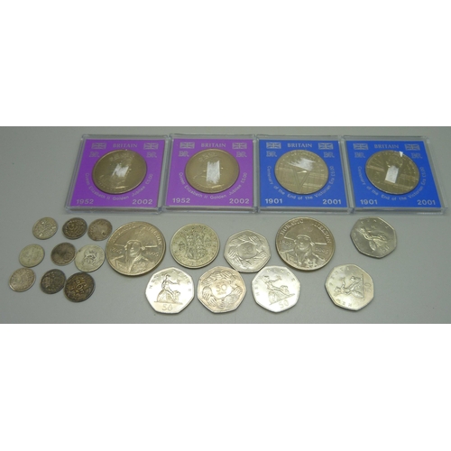 1077 - Six £5 coins, six 50p coins and other coins with silver content including 3d and 6d