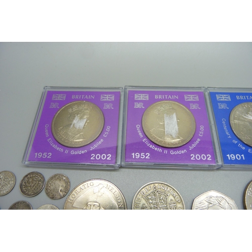 1077 - Six £5 coins, six 50p coins and other coins with silver content including 3d and 6d