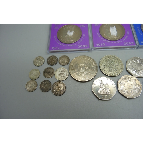 1077 - Six £5 coins, six 50p coins and other coins with silver content including 3d and 6d