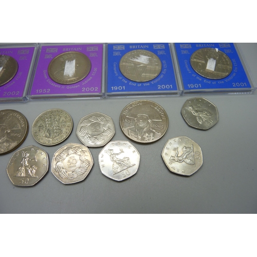 1077 - Six £5 coins, six 50p coins and other coins with silver content including 3d and 6d