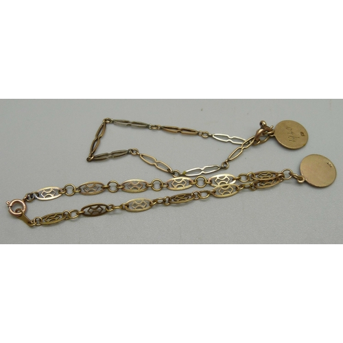 1087 - Two 9ct gold fancy link bracelets and two engraved disc pendants, 5.6g