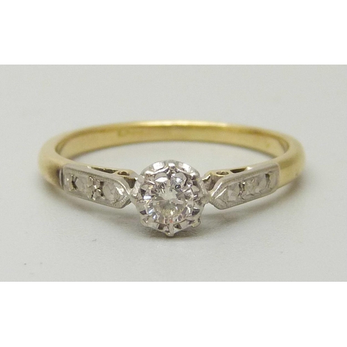 1088 - A yellow metal and platinum set illusion diamond ring, approximately 3.4 x 1.8mm weighing approx 0.1... 