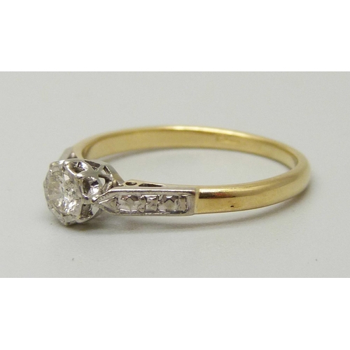 1088 - A yellow metal and platinum set illusion diamond ring, approximately 3.4 x 1.8mm weighing approx 0.1... 