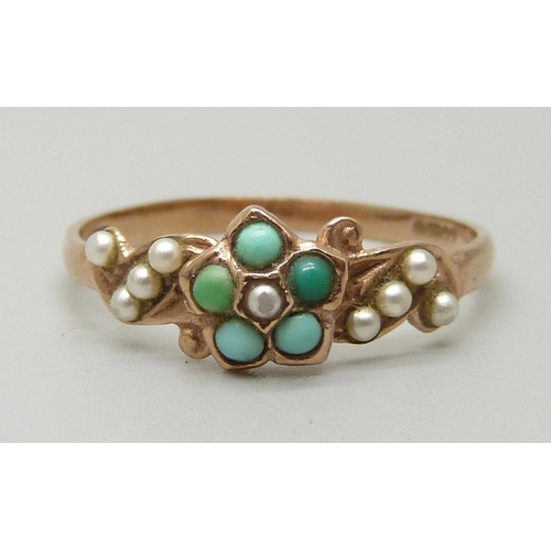 1090 - A 9ct gold cluster ring set with five turquoise measuring approximately 1.7mm and nine half pearls, ... 