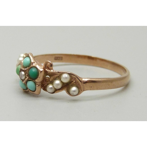 1090 - A 9ct gold cluster ring set with five turquoise measuring approximately 1.7mm and nine half pearls, ... 