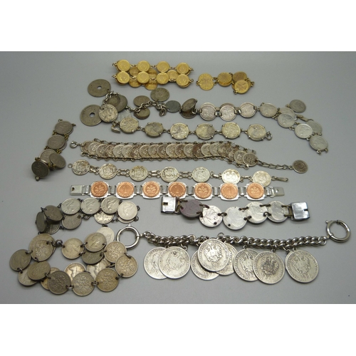 1093 - A collection of coin jewellery including bracelets, etc.