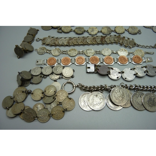 1093 - A collection of coin jewellery including bracelets, etc.