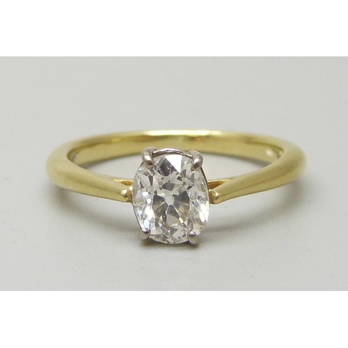 1100 - An 18ct gold and diamond ring, 0.82ct oval diamond, 2.4g, J, SI clarity, colour F