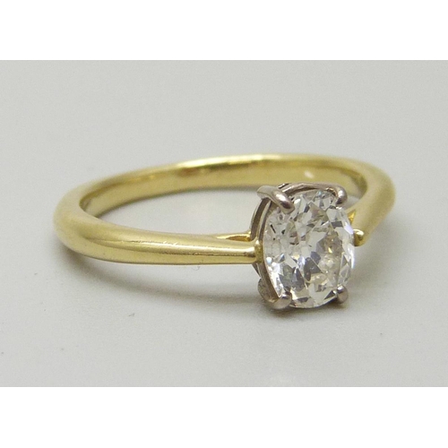 1100 - An 18ct gold and diamond ring, 0.82ct oval diamond, 2.4g, J, SI clarity, colour F