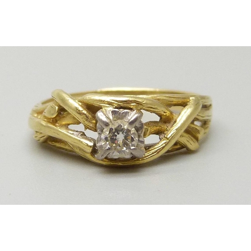 1119 - A yellow metal and diamond ring, hallmark worn, 4.6g, P