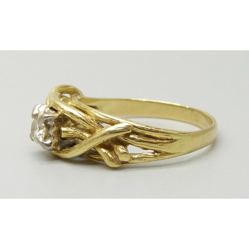 1119 - A yellow metal and diamond ring, hallmark worn, 4.6g, P