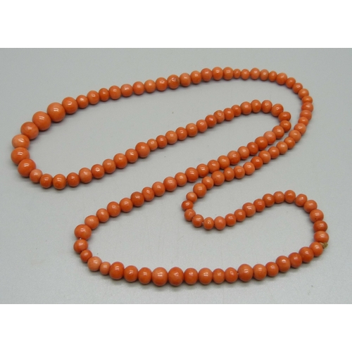 1121 - A graduated coral necklace, 65cm, 33.5g