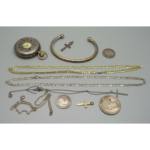 1135 - A silver half hunter pocket watch, silver jewellery, silver bangle, 168g gross weight