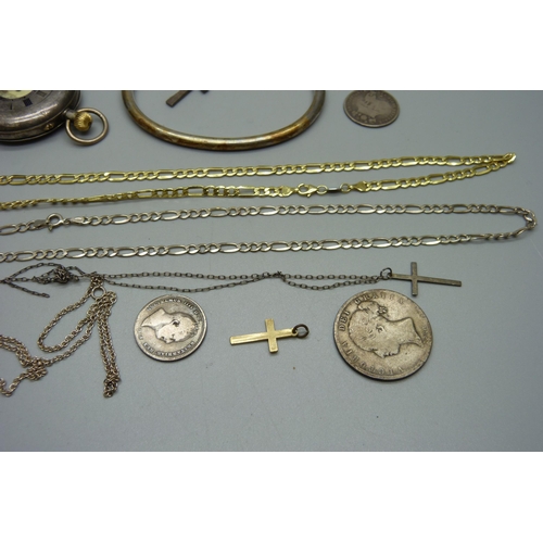 1135 - A silver half hunter pocket watch, silver jewellery, silver bangle, 168g gross weight