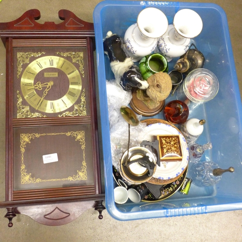 1145 - A wall clock and assorted decorative china and glass, a model owl, dog, etc. **PLEASE NOTE THIS LOT ... 