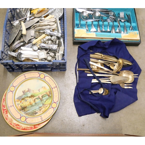 1153 - A collection of flatware, miniature clocks, tin plates and a canteen of cutlery **PLEASE NOTE THIS L... 