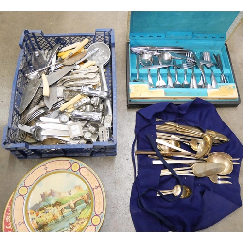 1153 - A collection of flatware, miniature clocks, tin plates and a canteen of cutlery **PLEASE NOTE THIS L... 