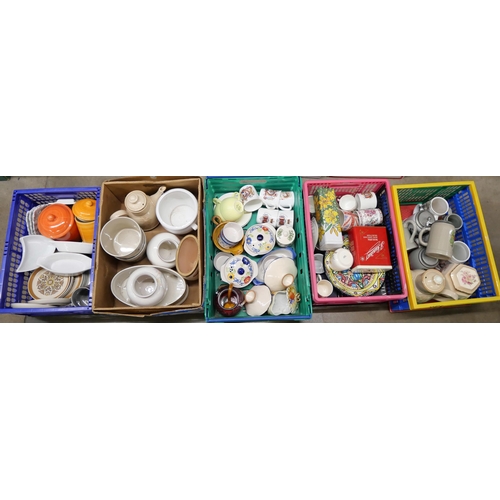 1159 - Five boxes of mixed china, Delft style planters, Mason's commemoratives, etc. **PLEASE NOTE THIS LOT... 